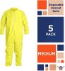 Disposable Hazmat Suits Medium. Pack of 5 Yellow Disposable Coveralls. 82 gsm Polyethylene Polypropylene Protective Suits. Painters Suit with Open Cut