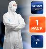 Disposable Coveralls Large, White Microporous Polypropylene Hazmat Suits Disposable, Waterproof 60 GSM Protective Suits with Elastic Hood, Wrists